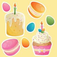 Easter set with traditional cake, colorful boiled eggs, cupcake with white icing, sprinkles and burning candle, egg-shaped macaroons. Cute cartoon set of easter sweets. Happy Easter Day stickers vector