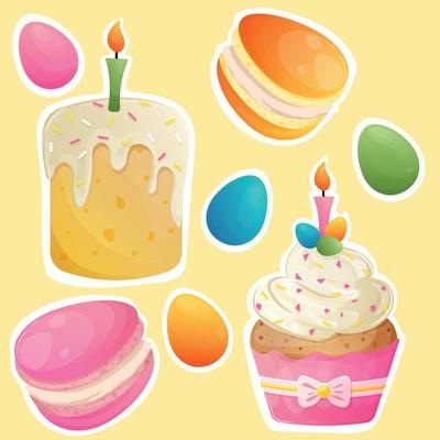 Easter set with traditional cake, colorful boiled eggs, cupcake with white icing, sprinkles and burning candle, egg-shaped macaroons. Cute cartoon set of easter sweets. Happy Easter Day stickers