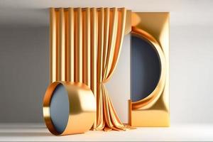 Photo 3d rendering of the realistic gold podium in luxury and minimal design with golden curtains