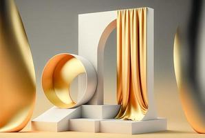 Photo 3d rendering of the realistic gold podium in luxury and minimal design with golden curtains