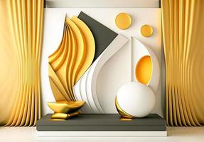 Photo 3d rendering of the realistic gold podium in luxury and minimal design with golden curtains