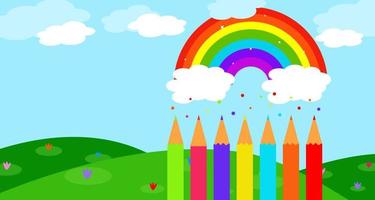 vacío jardín de infancia antecedentes con vistoso lápices, flores, arco iris y nube en el cielo vector