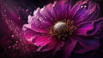 , Close up of blooming flowerbeds of amazing viva magenta flowers on dark moody floral textured background with golden particles. Photorealistic paint effect. photo