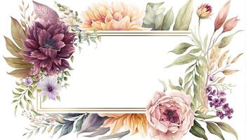 , Watercolor frame with spring flowers, hand drawn art style with place for text. Greeting, birthday and other holiday, wedding invitation concept photo