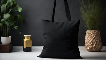 , Realistic black tote canvas fabric bag set-up in at home interior, mug mock up blank. photo