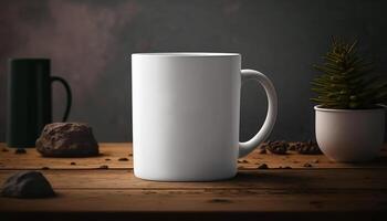 Generative AI, Realistic white ceramic cup set-up in at home interior, mug mock up blank. Photorealistic illustration photo
