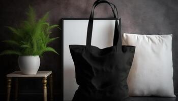 , Realistic black tote canvas fabric bag set-up in at home interior, mug mock up blank. photo