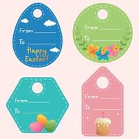 Easter tags for clothes from to with lines for text. Small cute simple minimalistic cards with flowers and leaves, colorful boiled eggs, easter cupcake with burning candle. Happy Easter Day vector