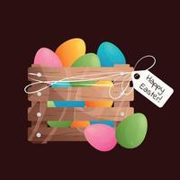 Wooden box with colorful Easter eggs and a card with an inscription. Pink, yellow, blue and green gradient easter egg in a box. Easter cute cartoon card with black background. Happy Easter vector