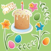 Easter sticker pack with Easter cake, colorful boiled eggs, candle, inscription, flowers, leaves. Bright cute cartoon easter stickers. Easter religious traditional attributes. Happy Easter vector