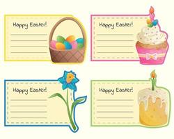 Easter unusual rectangular postcards with lines for text. Cards with wicker basket with colorful boiled eggs, blue daffodil, Easter traditional cupcake with white icing, sprinkles and a burning candle vector