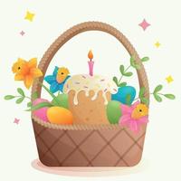 Wicker Easter basket with pannettone, colorful boiled eggs, a candle, flowers and leaves on a beige background. Easter cute cartoon greeting card. Eggs in a basket. Happy Easter vector