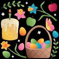 Easter set with a wicker basket with colorful boiled eggs inside, a traditional cupcake with icing, sprinkles and a burning candle, red and green apples, daffodil flowers, leaves and a butterfly vector