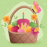 Wicker Easter basket with cake, colorful boiled eggs, a candle, apples, flowers and leaves on a green background. Easter cute cartoon card with butterfly. Eggs in a basket. Happy Easter vector