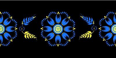 Beautiful seamless pattern with Ukrainian ornament on the black background. Botanical art. Petrykivka. Vector illustration.