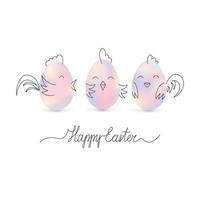Happy Easter concept. Easter eggs in the form of chickens. Handwritten text. Doodle elements. Design layout for greeting card, poster, banner. Cute vector illustration for Easter, egg hunter.