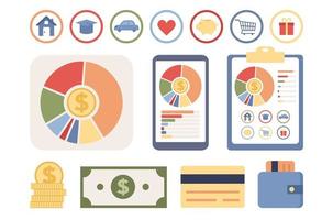 Budget management icon set. Personal financial control. Planning personal budget and family budget in smartphone app. Cash flow. Vector flat illustration