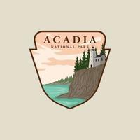 acadia national park emblem logo vector illustration template icon graphic design. lighthouse at beach banner for travel business or environment concept with seascape