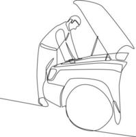 continuo una línea dibujo hombre reparando coche batería en el reparar tienda. auto Servicio concepto. soltero línea dibujo diseño gráfico vector ilustración