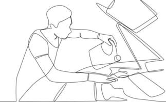 continuo una línea dibujo hombre cambiando coche petróleo en el reparar tienda. auto Servicio concepto. soltero línea dibujo diseño gráfico vector ilustración