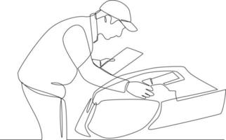 Continuous one-line drawing man inspects and record damage to the car. Auto service concept. Single line drawing design graphic vector illustration
