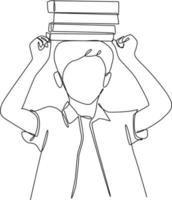 Single one-line drawing child with a pile of books on his head. World book day concept. Continuous line drawing design graphic vector illustration.