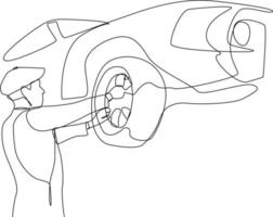 Continuous one-line drawing of a man changing a rear car tire. Auto service concept. Single line drawing design graphic vector illustration