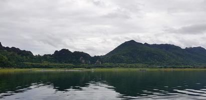 paisaje de verde montaña ver con río o lago, blanco cielo y reflexión en agua a srinakarin presa, kanchanaburi. natural fondo de pantalla y belleza de naturaleza concepto foto