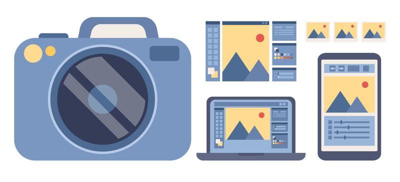 Photo editing icon set. Photography workshop, processing workshop, photo portfolio creation concept. Photographer. Content maker. Social media post creator. Vector flat illustration