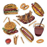 Food. A set of street food elements rendered in vector. Burger, hot dog, french fries, ketchup, drink in transparent glass. For menus, posters, printing. vector