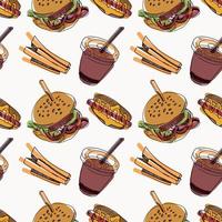 Seamless vector pattern. Street food, fast food meat burgers, french fries, drinks drawn with pencil on a white background. Suitable for printing on fabric, paper, scrapbooking