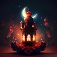 Fantasy Muslim Islamic mosque . Background with a Mosque in honor of the celebration of Ramadan Kareem. AI Generated photo