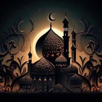 Fantasy Muslim Islamic mosque . Background with a Mosque in honor of the celebration of Ramadan Kareem. Ai generated photo