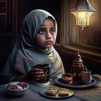 un pequeño musulmán niña es teniendo cena en el Ramadán día festivo. ai Arte foto