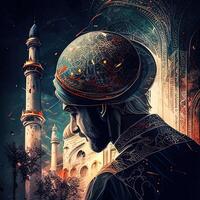 un árabe musulmán hombre en el antecedentes de un mezquita. ai generativo Arte foto