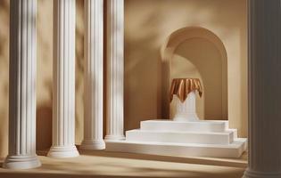 Ancient Greek style pillar podiums with gold clothand door Classic pastel cream color background, 3d rendering,3d illustration. photo