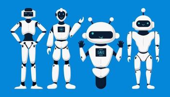 Set of cute robots, chatbots, AI bots characters design vector. AI technology and cyber characters. Futuristic technology service and communication artificial intelligence concept vector