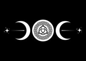 Triple Moon Religious wiccan sign. Wicca Triquetra logo Neopaganism symbol, celtic knot Triple Goddess icon tattoo, Goddess of the Moon, Crescent, half, full moon vector isolated on black background