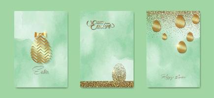 set card Happy Easter gold texture, luxury green watercolor background. Easter holiday invitations templates collection, hand drawn lettering and gold easter eggs. Vector fashion illustration