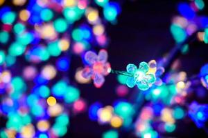 Bokeh de luces de colores de guirnaldas decorativas de flores luminosas en vacaciones, luces multicolores foto