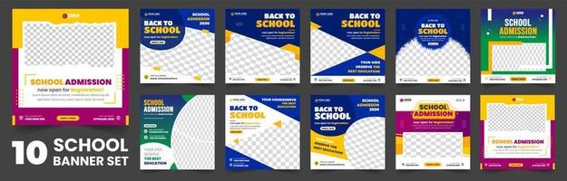 set of 10 big mega collection bundle school admission social media post banner Template, back to school Social Media Banner Template set, school banner set, school banner bundle mega collection. vector