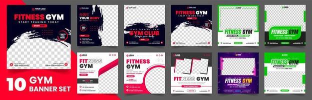 Fitness gym social media post banner template set of 10 big mega collection bundle. gym, Workout, fitness and Sports social media post banner set, fitness gym social media post banner bundle vector