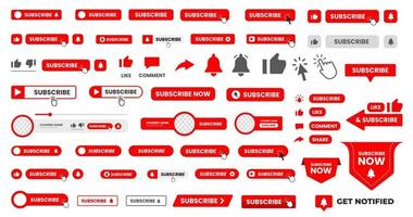 set of big mega collection  Subscribe button with hand click icon. Subscribe, bell button and hand cursor bundle. Red button subscribe to channel, blog. Social media background. vector