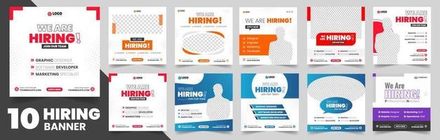 set of 10 big mega collection We are hiring job vacancy social media post banner design template. We are hiring job vacancy square web banner design bundle. hiring banner set. vector