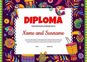 Kids diploma, Brazilian drums, toucans and parrots vector