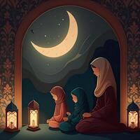 un musulmán familia Orando hora ilustración creado con generativo ai foto