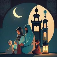 un musulmán familia Orando hora ilustración creado con generativo ai foto