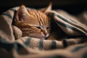 A cute kitten laying under the blanket. AI photorealistic illustration photo