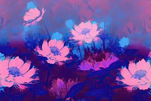 Fantasy glowing pink and blue blue flowers background. AI illustration photo