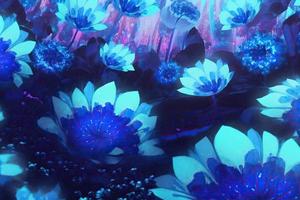 Fantasy glowing blue flowers background. AI illustration photo